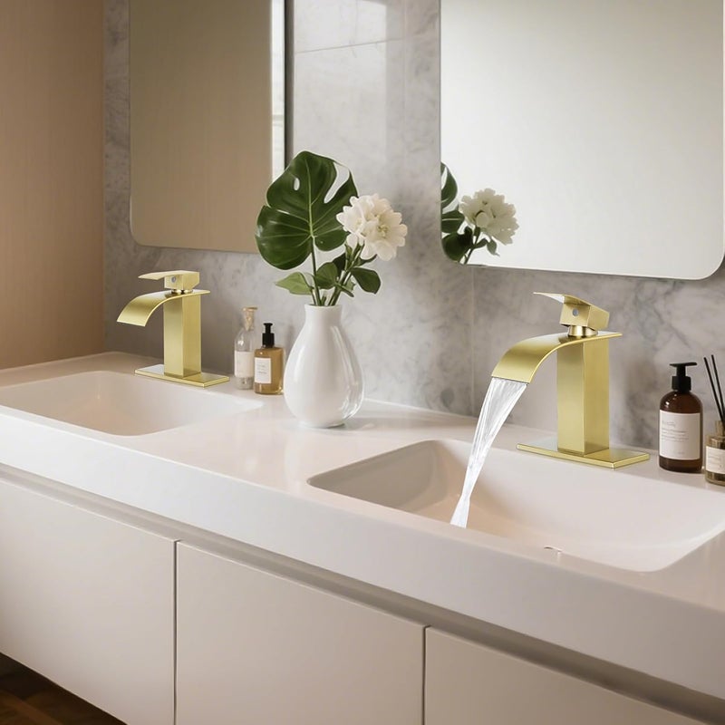 LUFG Bathroom Faucets Brushed Gold Waterfall Bathroom Sink Faucet Modern Single Handle Bathroom Faucet for 1 or 3 Hole Mxier Tap Washbasin Faucet with Deck, Pop-up Drain and Supply Hoses 2 Pack - Image 4